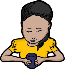 Cute Hispanic girl with mug isolated on white