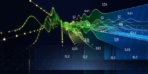 Abstract background graph  wavy color lines with glow and data on dark. Big Data. Technology wireframe interlacement concept in virtual. Banner for business, science and technology data analytics.