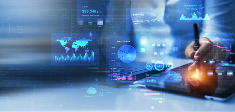 Business finance data analytics graph.Financial management technology.Advisor using KPI Dashboard on virtual screen.	

