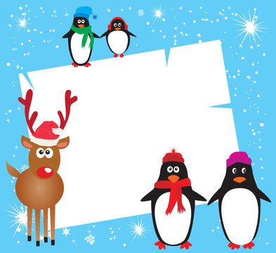 Vector illustration of a funny Rudolf and penguins
