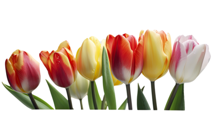Colorful Fresh Spring Tulip Flowers with Water Drops on Transparent Background, Floral Photography. Generative AI Technology.