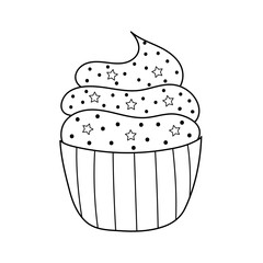 Hand drawn cupcake with a whipped cream isolated element. Black and white print. Doodle dessert in cartoon style coloring page. Vector illustration
