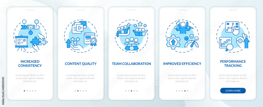 Wall mural editorial calendar advantages blue onboarding mobile app screen. walkthrough 5 steps editable graphi