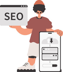 The person is holding a information cloud and a server. Confined on white foundation. Trendy style, Vector Illustration