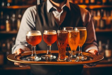 Fototapeta na wymiar Glasses alcohol cocktail set and beer on a waiter tray. Generative AI