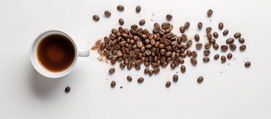 coffee cup surrounded by brown coffee beans isolated on white, in the style of minimalist sets