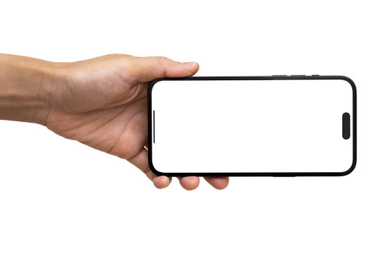 Mockup Iphone Hand - Clipping Path , Studio Shot Of Smartphone IPhone 14 Pro Max With Blank Phone Screen For Infographic Global Business Web Site Design App Ios : Bangkok, Thailand - May 15, 2023	