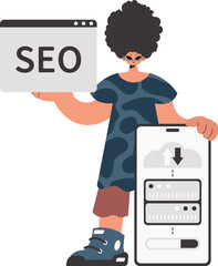 The person is holding a information cloud and a server. Kept on white foundation. Trendy style, Vector Illustration