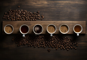 six cups of coffee with espresso beans in a row, in the style of aerial view, wood, vibrant stage backdrops