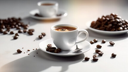 hot espresso and coffee bean on white table with soft-focus and over light in the background. top view 