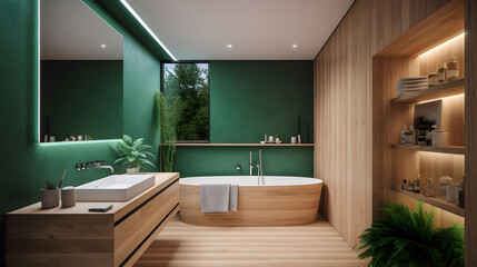 Wooden bathroom design. Decorated with green plants. AI generated