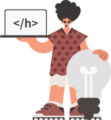 The person is holding a browser window with a programming picture, and to boot standing close a tremendous light bulb. Constrained on white foundation. Trendy style, Vector Illustration