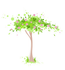 vector green spring tree with pink flowers