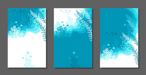 Set of vertical blue background. Underwater marine life of a coral reef. World oceans day