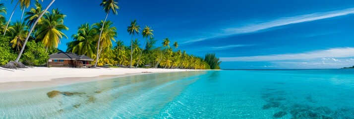 A stunning panorama of a pristine tropical paradise beach: pure white sands meeting crystal clear, shimmering turquoise water, dotted with vibrant, lush palm trees providing pockets of shade