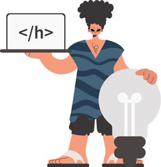 The person is holding a browser window with a programming picture, and to boot standing close a colossal light bulb. Compelled on white foundation. Trendy style, Vector Illustration