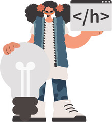 The young lady is holding a browser window with a programming image, and is additionally standing close a huge light bulb. Disconnected on white foundation. Trendy style, Vector Illustration