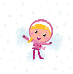 Obraz na płótnie Canvas Cute winter eskimo child making angel in snow. Vector cartoon Illustration