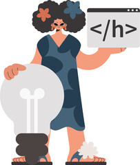The energized lady is holding a browser window with a programming picture, and to boot standing close a colossal light bulb. Pulled back on white foundation. Trendy style, Vector Illustration