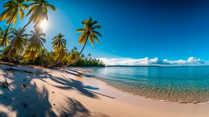 A stunning panorama of a pristine tropical paradise beach: pure white sands meeting crystal clear, shimmering turquoise water, dotted with vibrant, lush palm trees providing pockets of shade