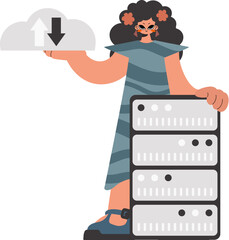 The enthusiastic woman is holding a data cloud and a server. Restricted. Trendy style, Vector Illustration