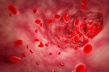 Red blood cells in an artery or blood vessel, flow inside the body, medical human health care. 3D Rendering.