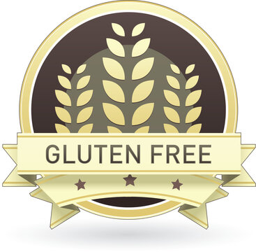 Gluten free food label, badge or seal with brown and tan color and wheat or grain emblem in vector style