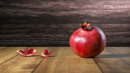 A single ripe pomegranate resting on a wooden surface. Generative ai