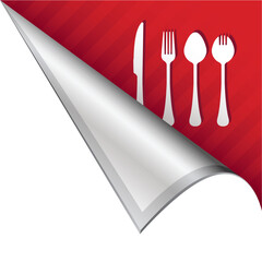 Dining or eating utensils food icon on vector peeled corner tab suitable for use in print, on websites, or in advertising materials.