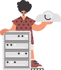 The boy is holding a information cloud and a server. Disconnected. Trendy style, Vector Illustration