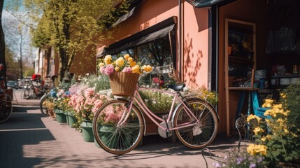 A street scene of a colorful bicycle parked in front of a flower shop - Generative AI