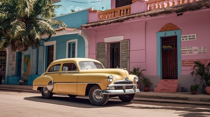 A street scene of a colorful vintage car parked in front of a Cuban house - Generative AI