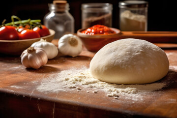 Fototapeta na wymiar A ball of dough with some flour and other ingredients for pizza on a table. Generative AI