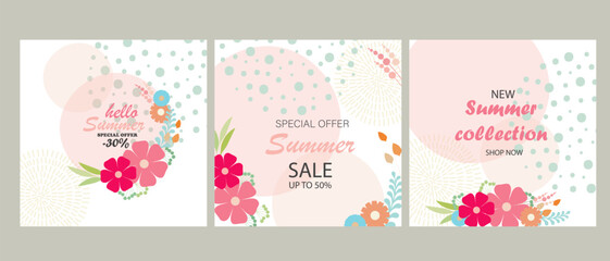 Fototapeta na wymiar Set of cards with flowers. Discount banner. Advertising banner.