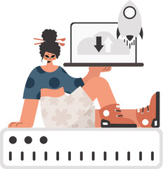The flooding lady is holding a obliging workstation, which is synchronized with the information capacity. Kept. Trendy style, Vector Illustration