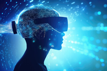 Concept of virtual reality technology. Men wearing VR headset, sparkle background. Human's head silhouette with vr headset. Futuristic Technology. Ai artificial intelligence. Generative AI