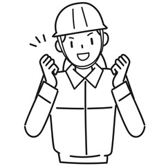 両手でガッツポーズをする作業服を着た若い女性