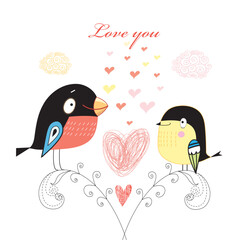 fun loving bullfinch and titmouse on a white background with hearts