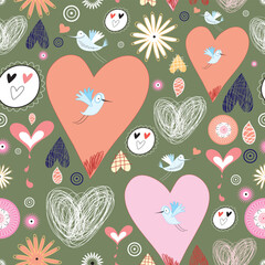 seamless pattern of hearts and birds on a dark green background