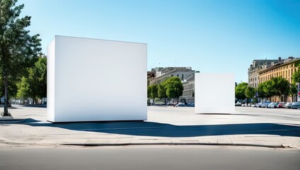 Blank white banners or billboards for advertisement mounted on city street on sunny day. Generative AI