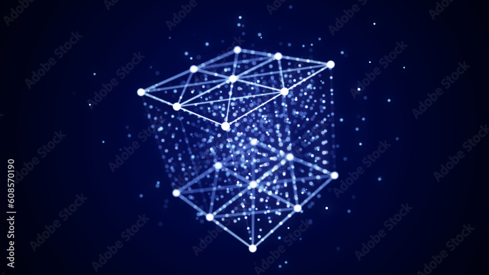 Poster Technology blockchain concept. Visualization of the dynamic flow of the cryptocurrency industry. Big data flow connections. Network connection structure. 3D Rendering.