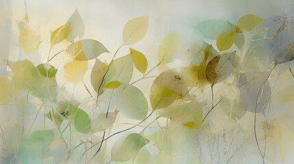 Green watercolor leafs wallpaper background in pastel colors. Generative AI