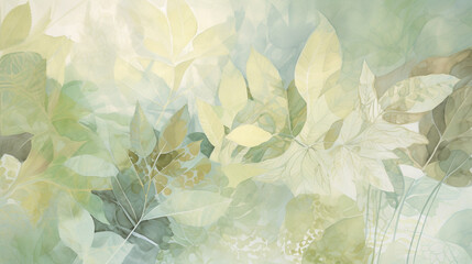 Green watercolor leafs wallpaper background in pastel colors. Generative AI
