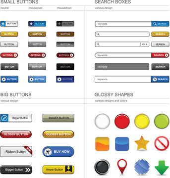 A set of buttons, box searches, and shapes for your web design.