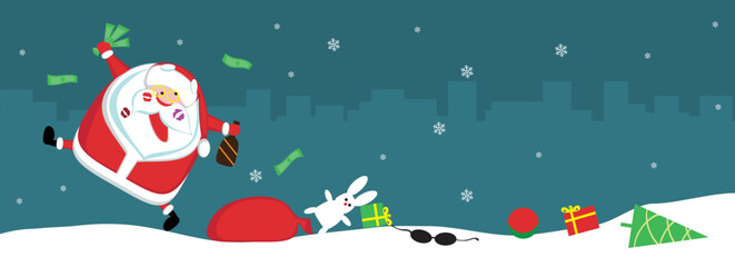 Singing Santa with lipstick marks, money and bottle lost his sack with toys. Vector