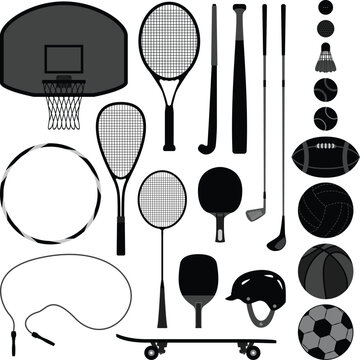 A set of sports equipment and tools.