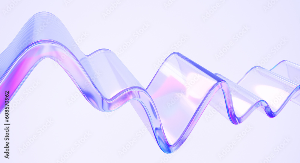 Fototapete wavy glass shape with colorful reflections on light background. 3d rendering illustration.