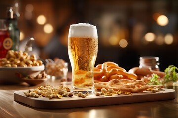 Portrait a glass of beer with foods on the table AI Generative