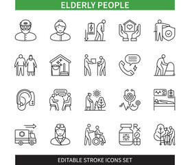 Editable line Elderly people outline icon set. Elderly people walking, hearing aid, assisted living, elderly protection, home nurse, home cleaning. Editable stroke icons EPS