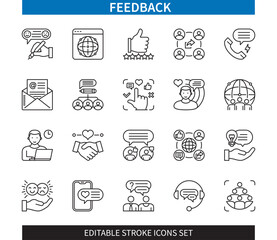 Fototapeta premium Editable line Feedback outline icon set. Followers, response, rating, call center, , comment, email. Editable stroke icons EPS